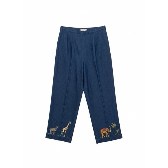 Anne Carson Vtg Elephant Zebra Giraffe Blue Denim Cropped Pants Sz 6 Side Zip - Picture 2 of 7